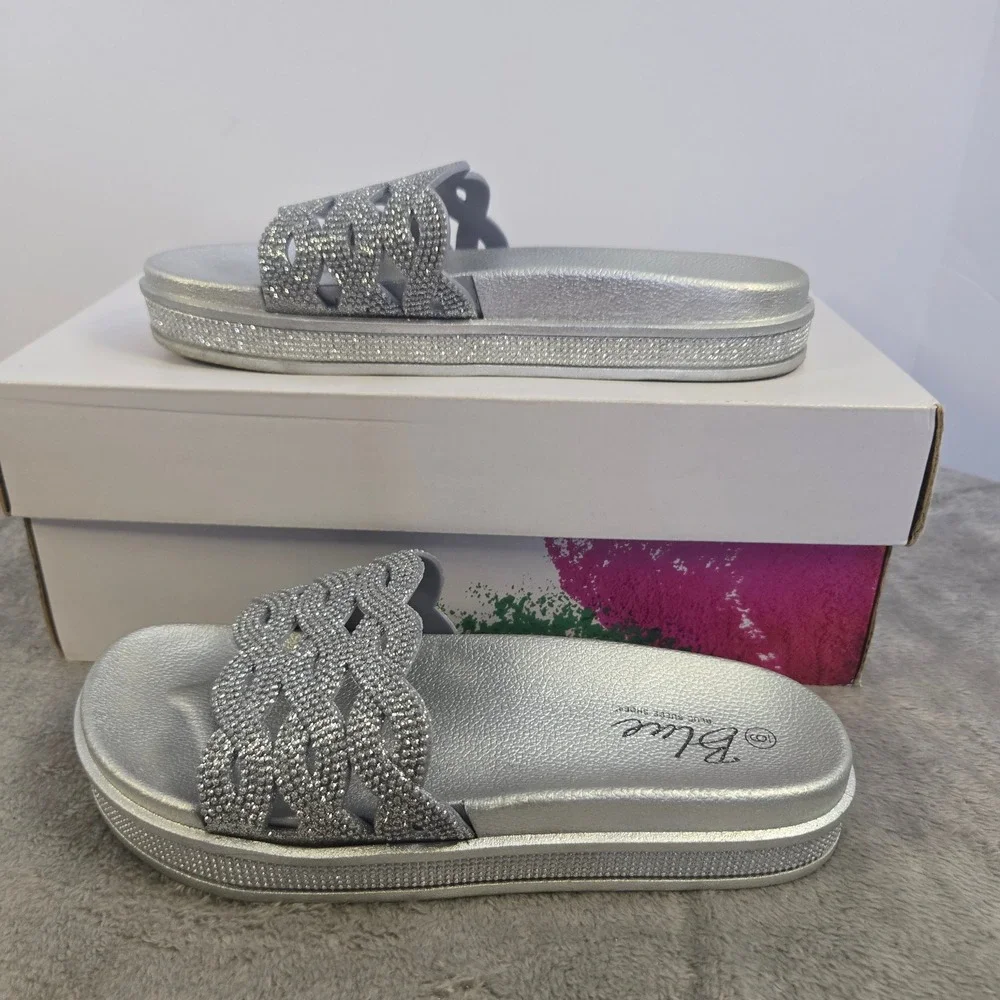 Blue Suede Shoes Womens Silver Rhinestone Platform Slide Sandals Size 6 - Picture 2 of 9